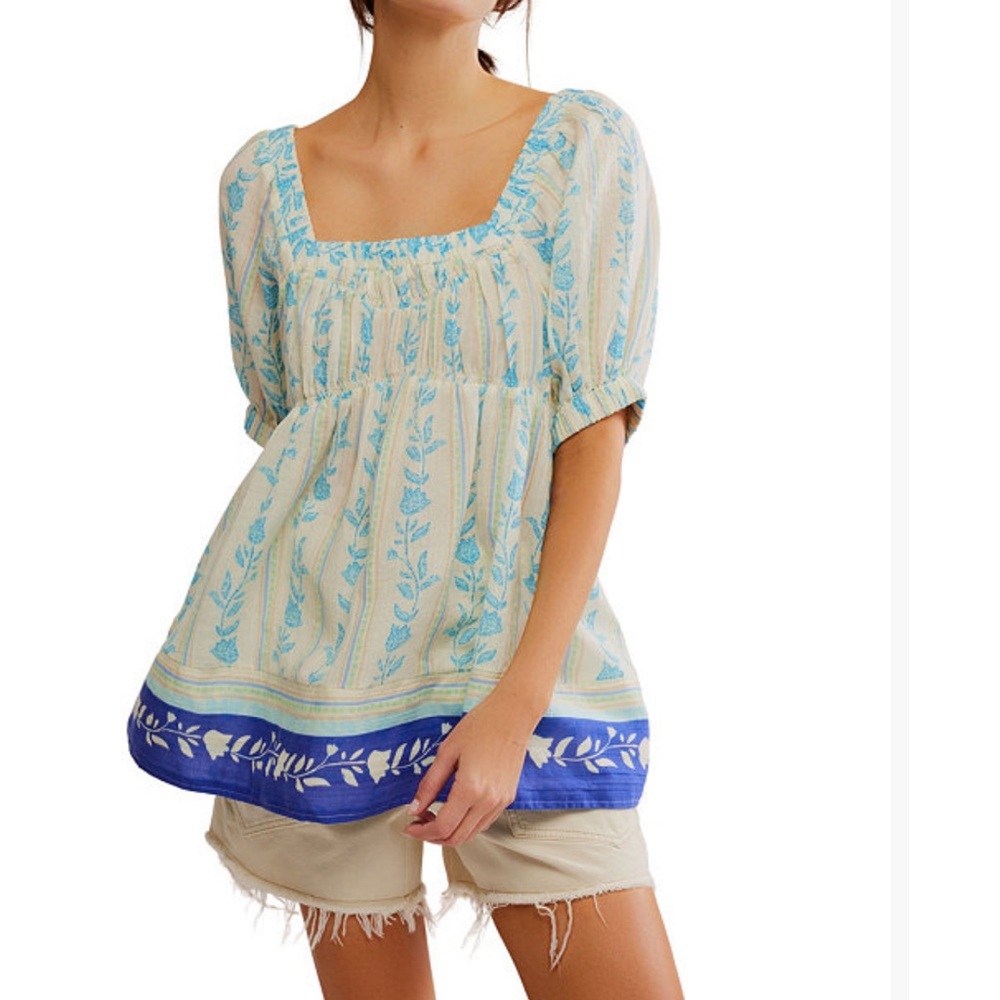 Free People Blue Puff Sleeve Smocked Blouse